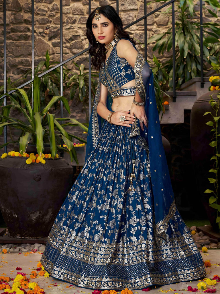 Sweet Dove Blue Zari Embroidered Designer Lehenga Choli
