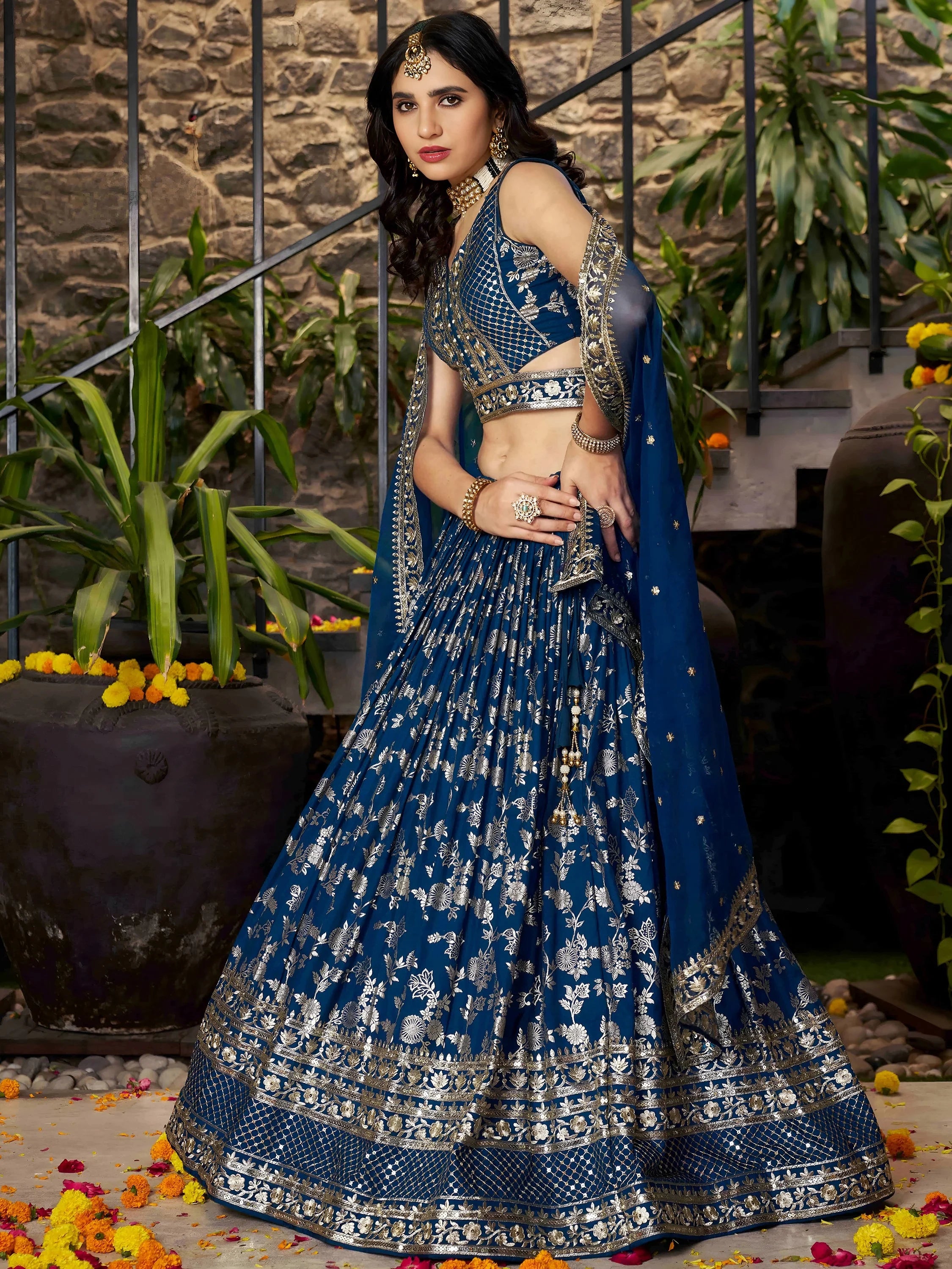 Sweet Dove Blue Zari Embroidered Designer Lehenga Choli