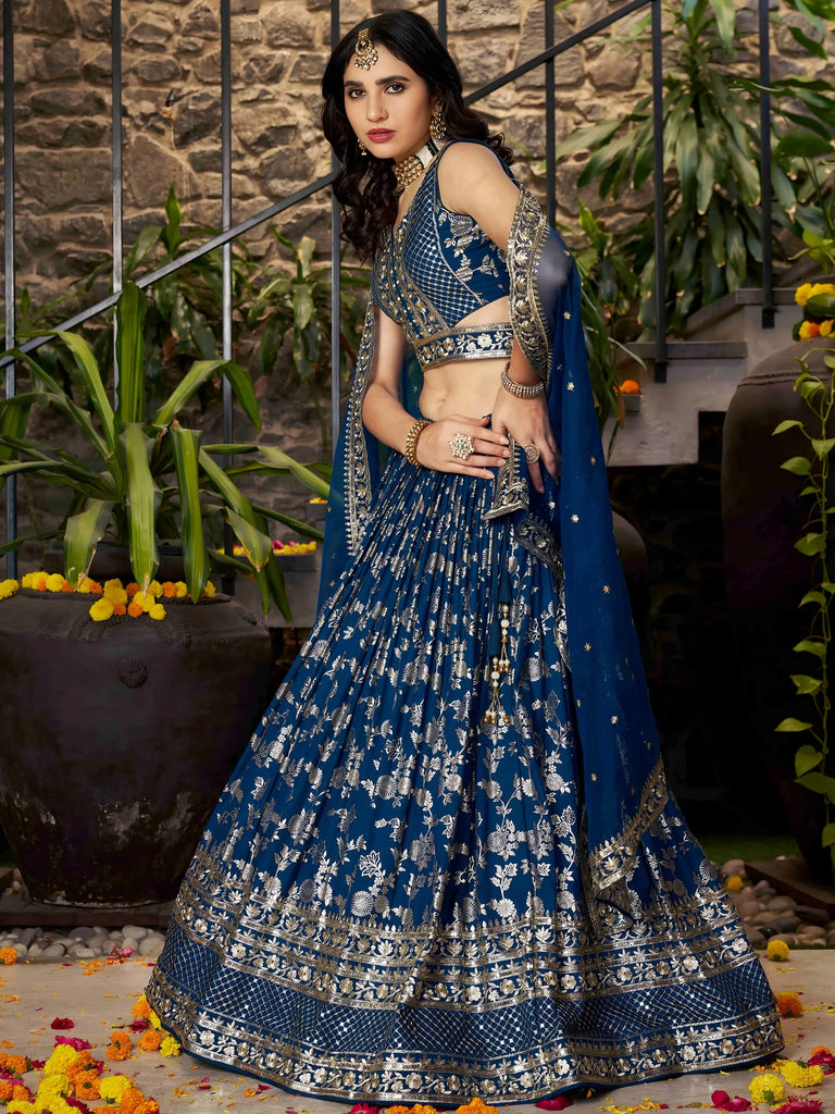 Sweet Dove Blue Zari Embroidered Designer Lehenga Choli