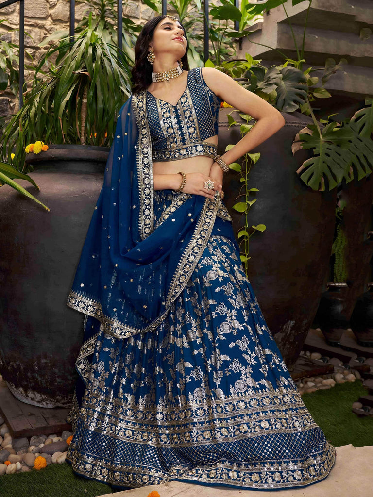 Sweet Dove Blue Zari Embroidered Designer Lehenga Choli