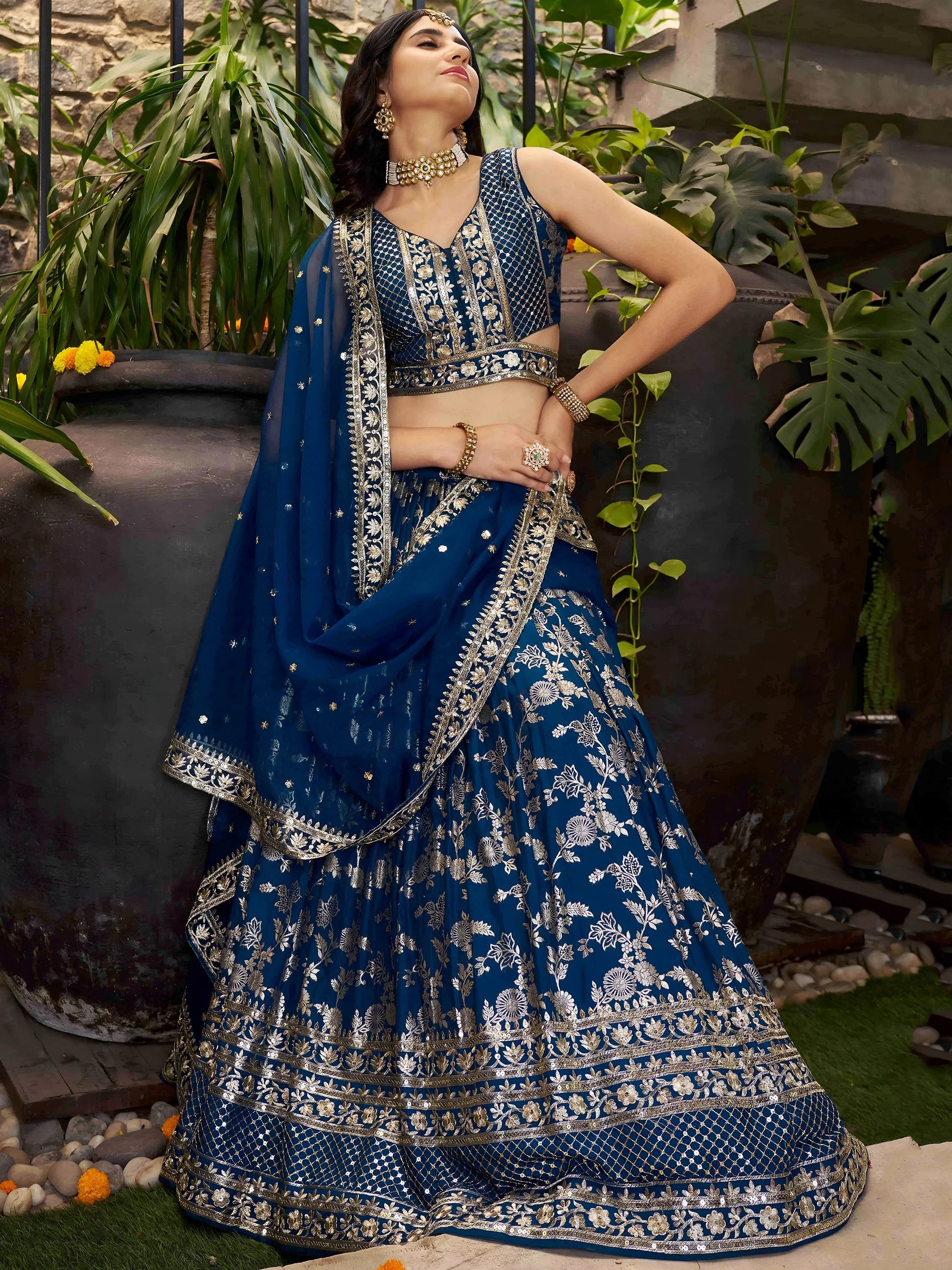 Sweet Dove Blue Zari Embroidered Designer Lehenga Choli