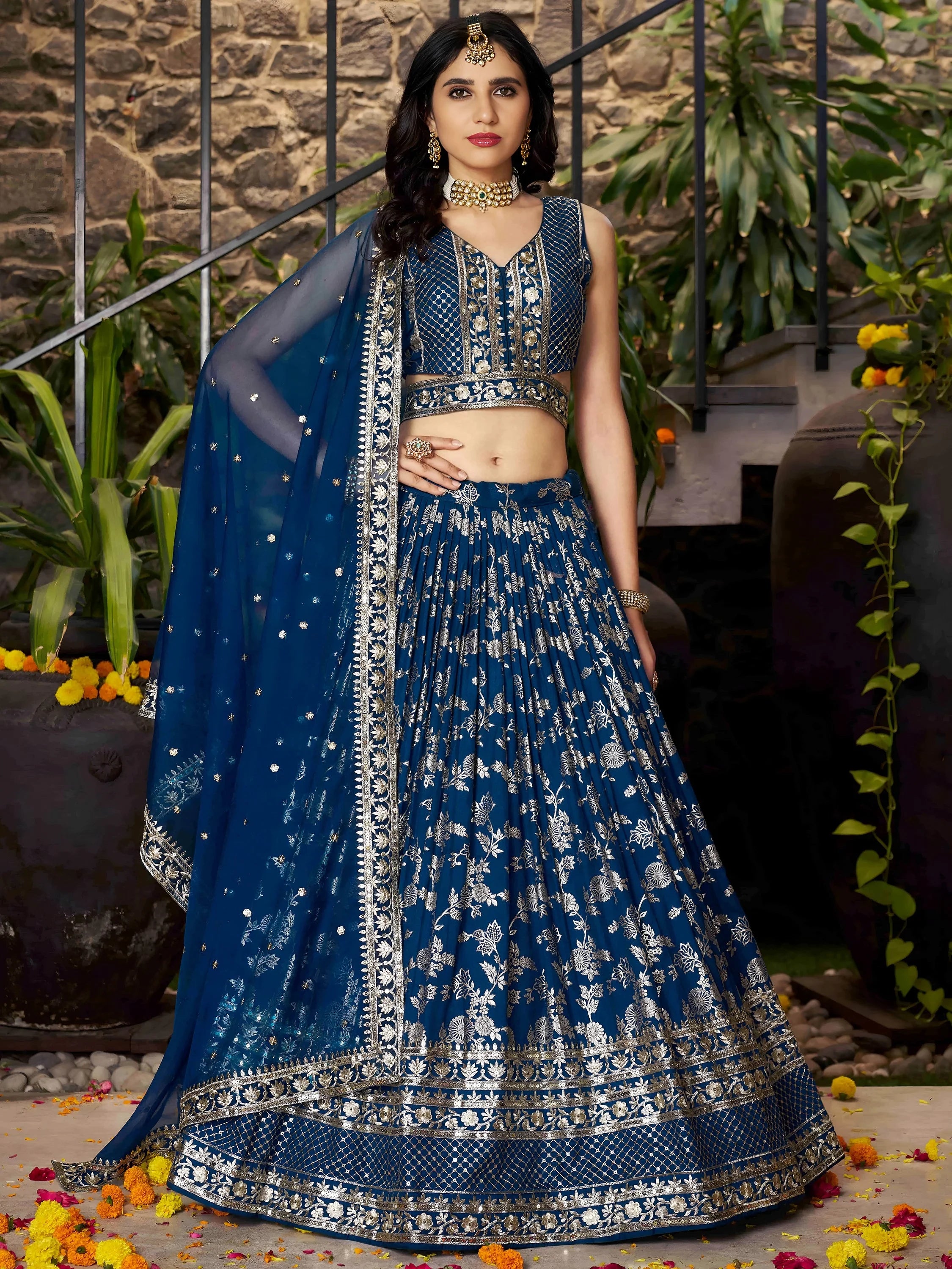 Sweet Dove Blue Zari Embroidered Designer Lehenga Choli