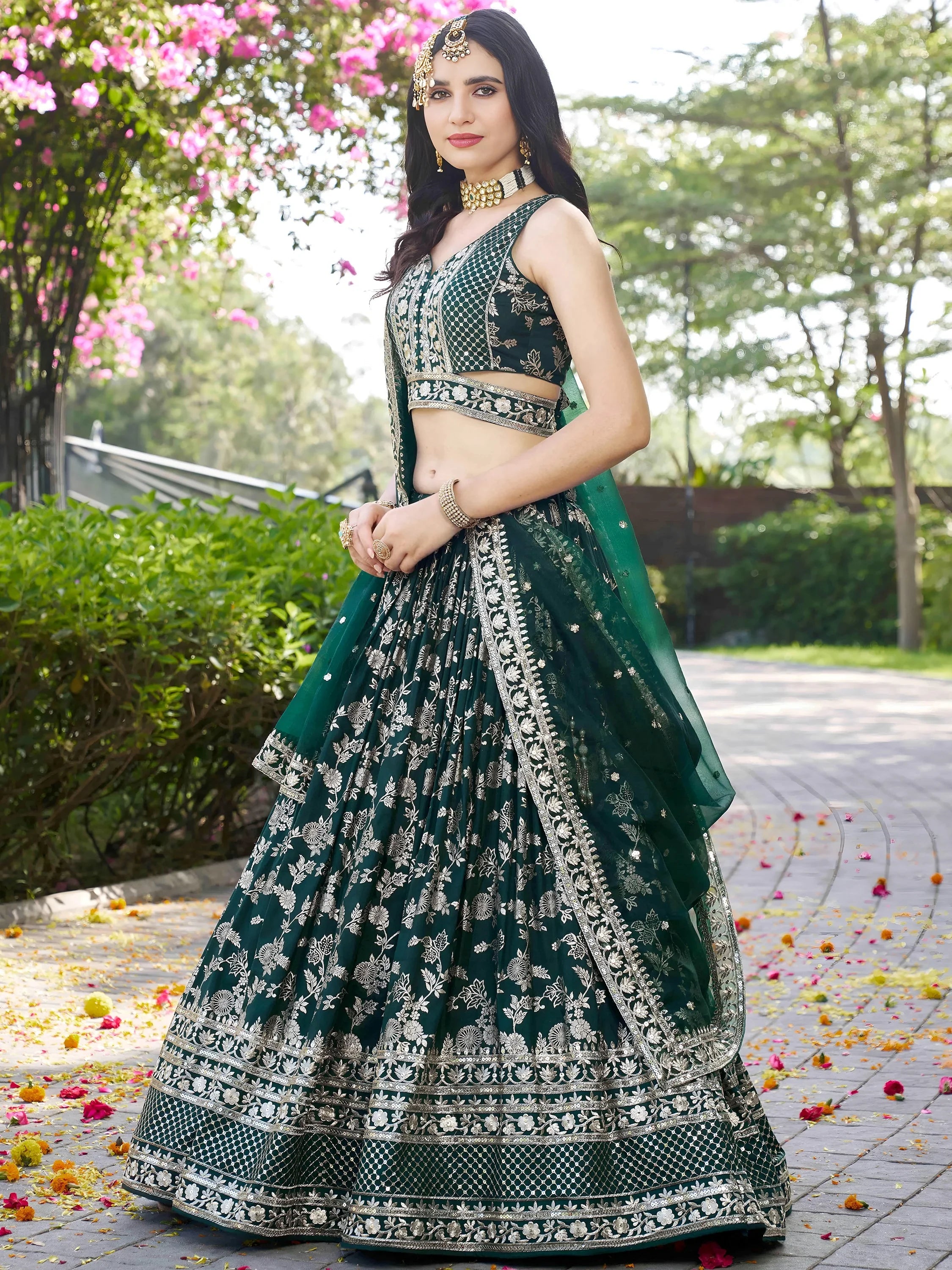 Feminine Green Sequins Mehendi Wear Lehenga Choli