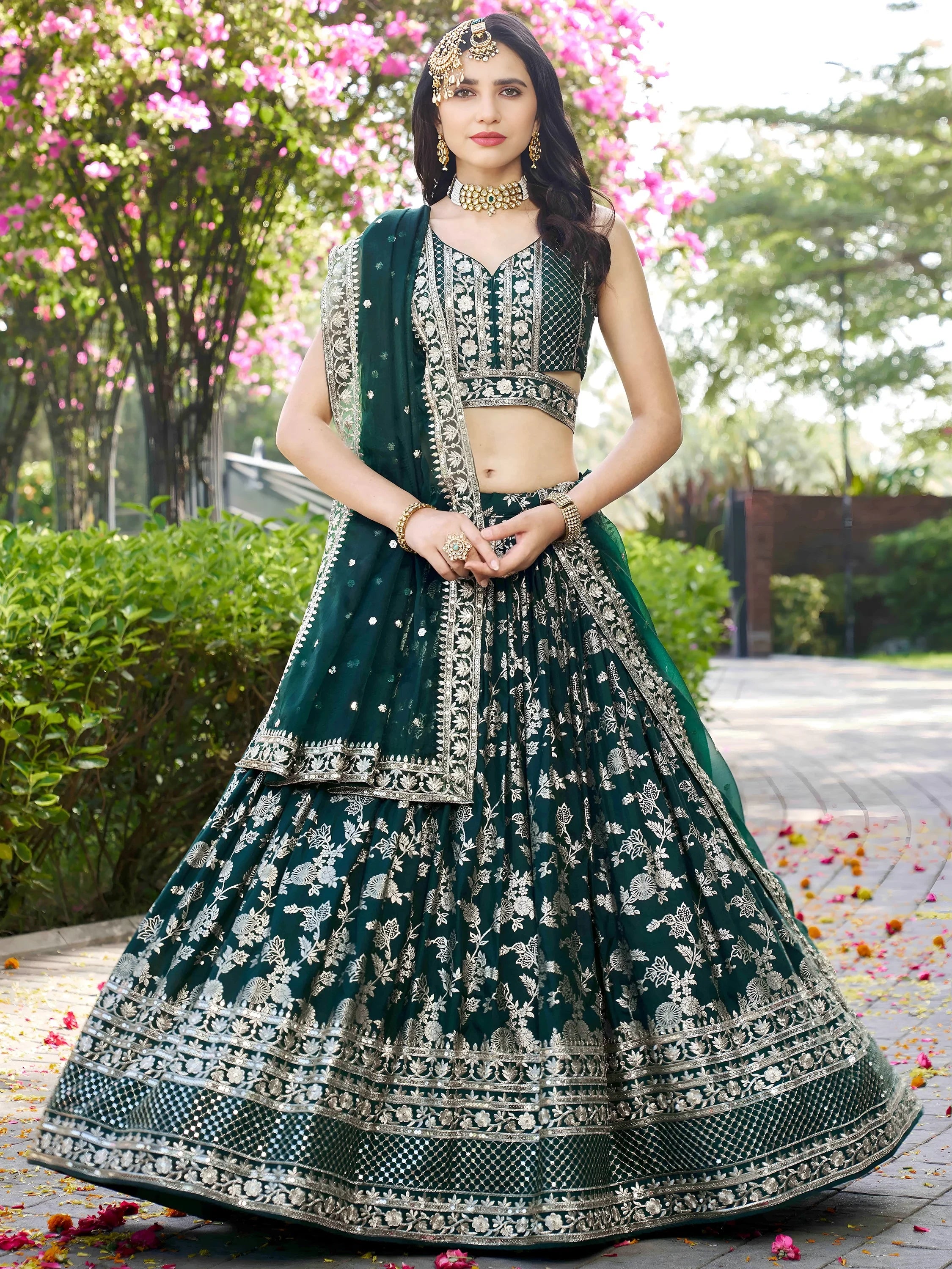 Feminine Green Sequins Mehendi Wear Lehenga Choli