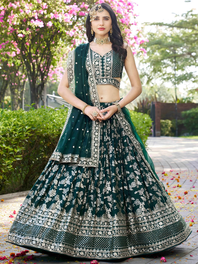 Feminine Green Sequins Mehendi Wear Lehenga Choli