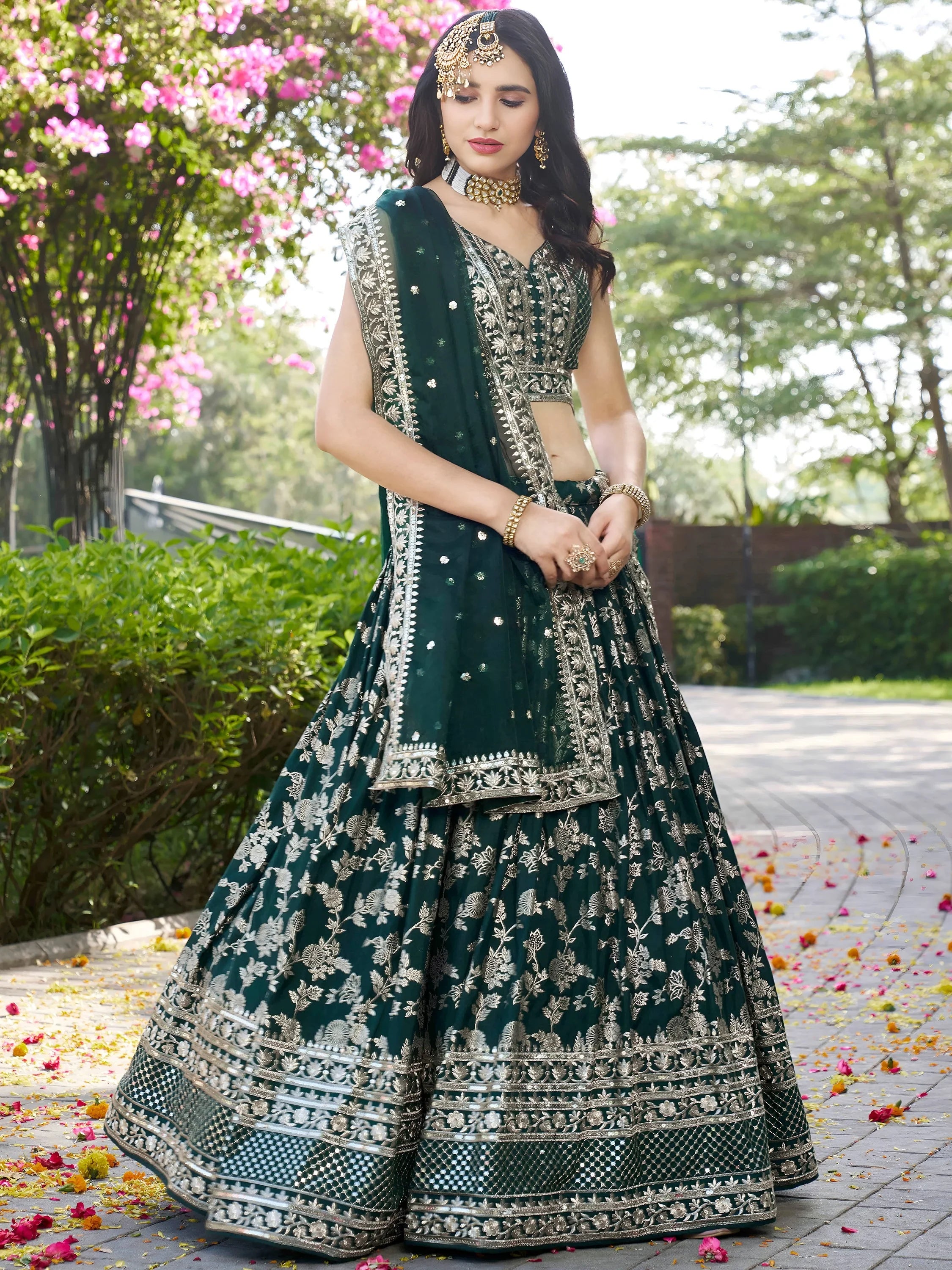 Feminine Green Sequins Mehendi Wear Lehenga Choli