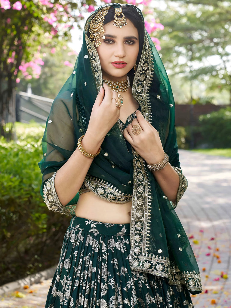 Feminine Green Sequins Mehendi Wear Lehenga Choli