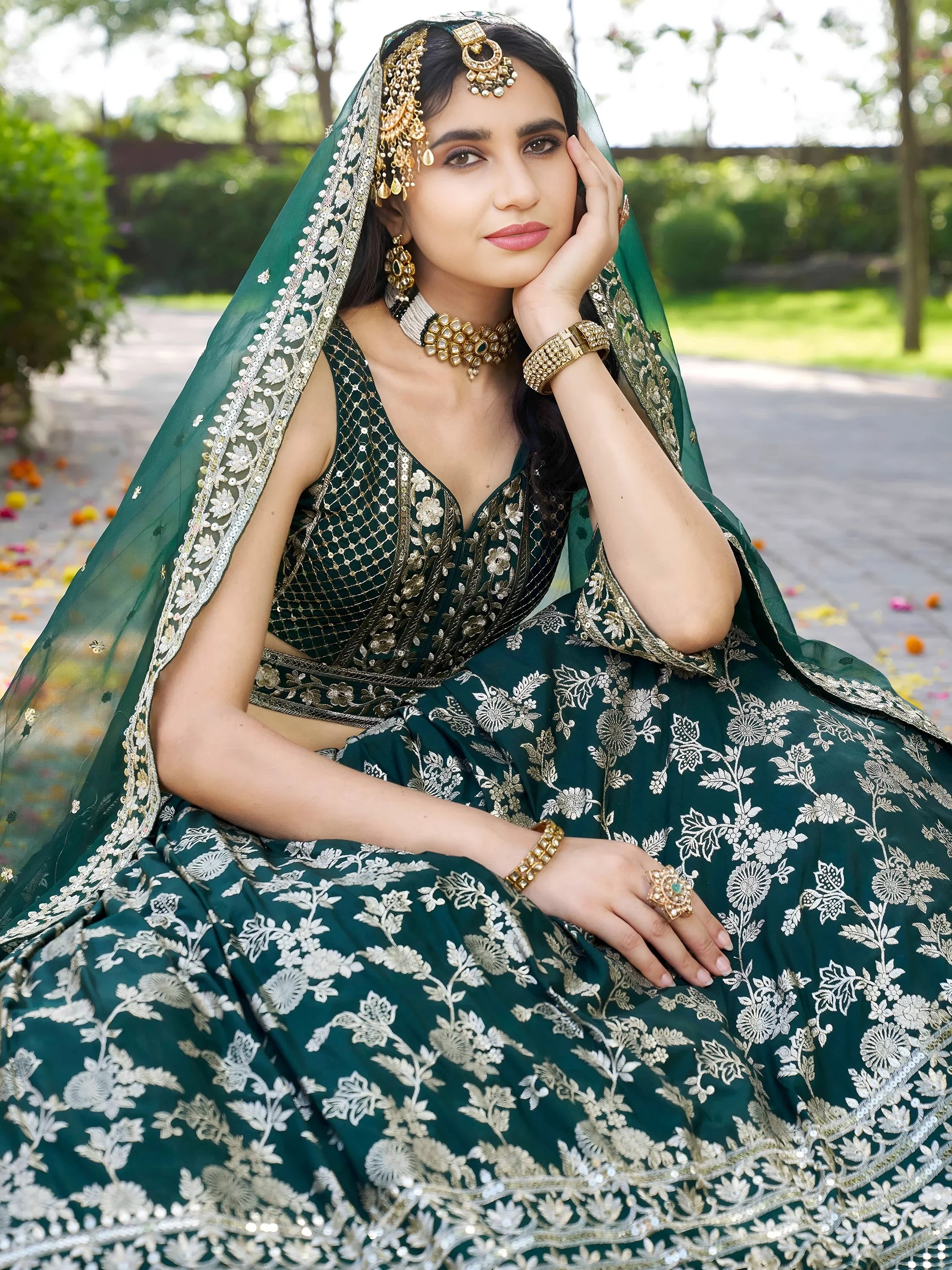 Feminine Green Sequins Mehendi Wear Lehenga Choli