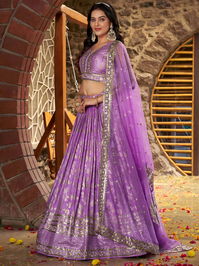 Enchanting Lavender Thread Embroidered Silk Lehenga Choli