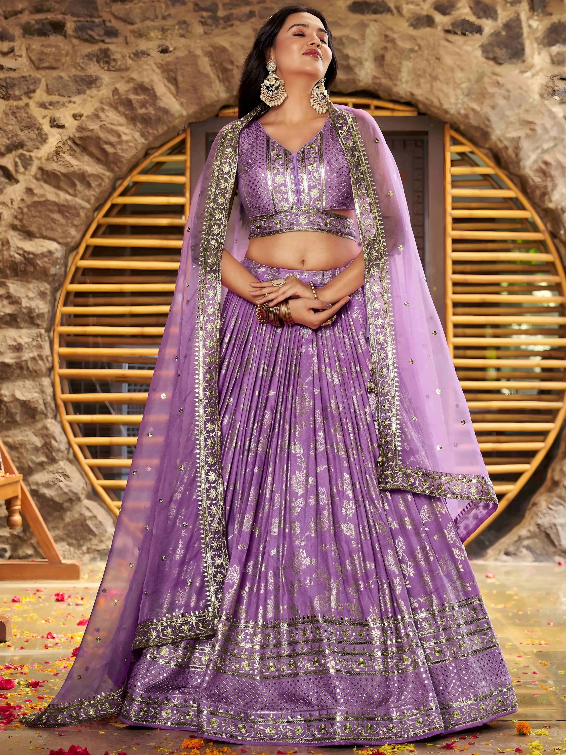 Enchanting Lavender Thread Embroidered Silk Lehenga Choli