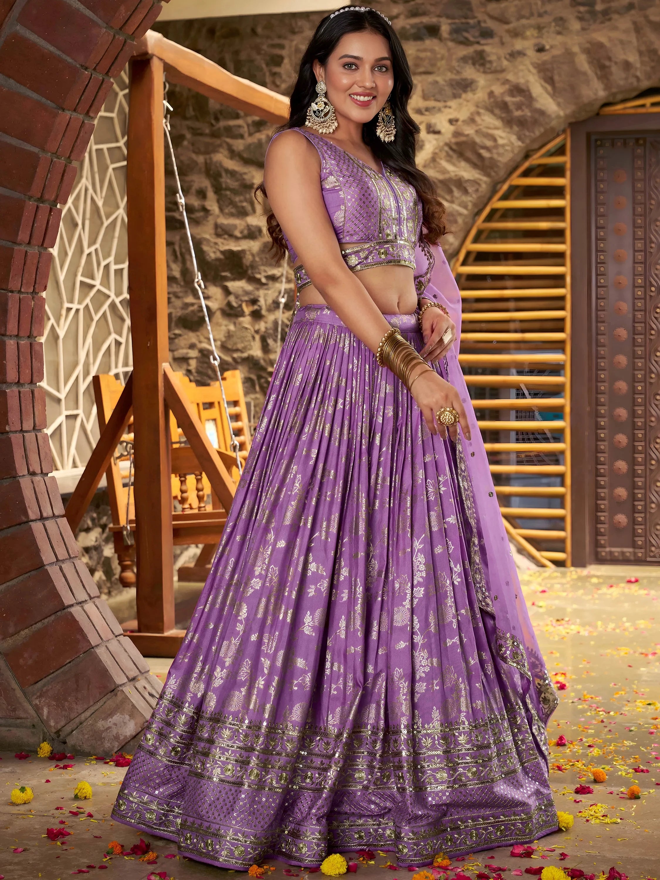 Enchanting Lavender Thread Embroidered Silk Lehenga Choli