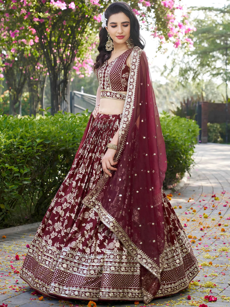 Impressive Maroon Thread Work Silk Lehenga Choli With Dupatta