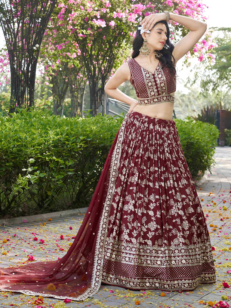 Impressive Maroon Thread Work Silk Lehenga Choli With Dupatta