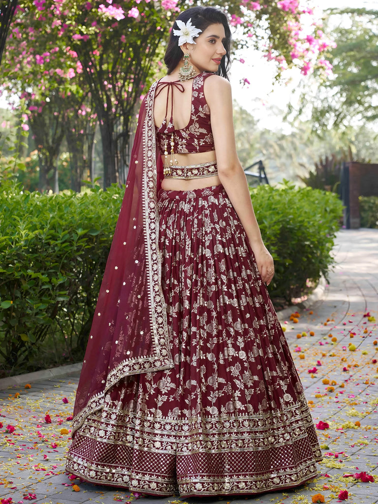Impressive Maroon Thread Work Silk Lehenga Choli With Dupatta