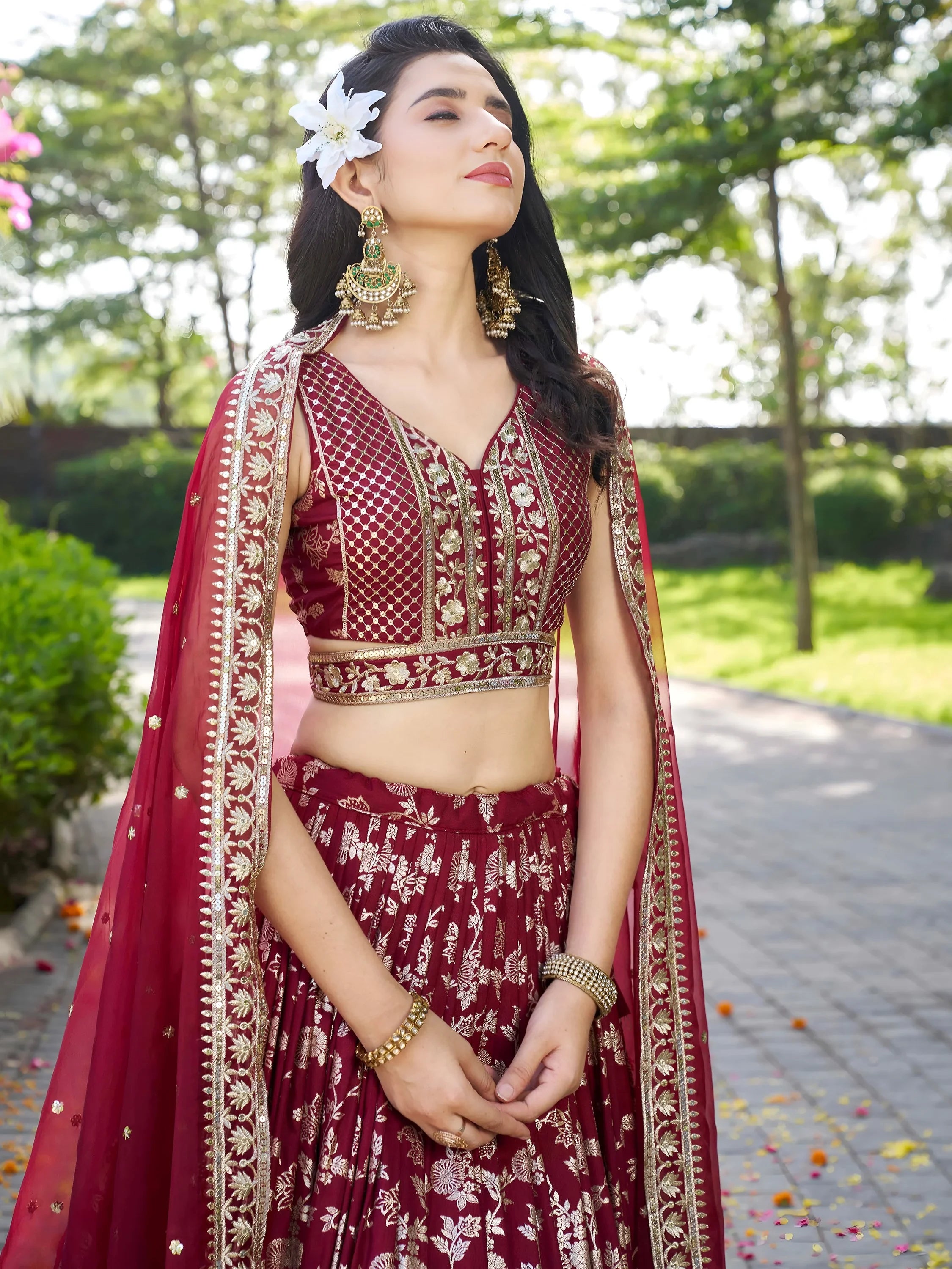 Impressive Maroon Thread Work Silk Lehenga Choli With Dupatta