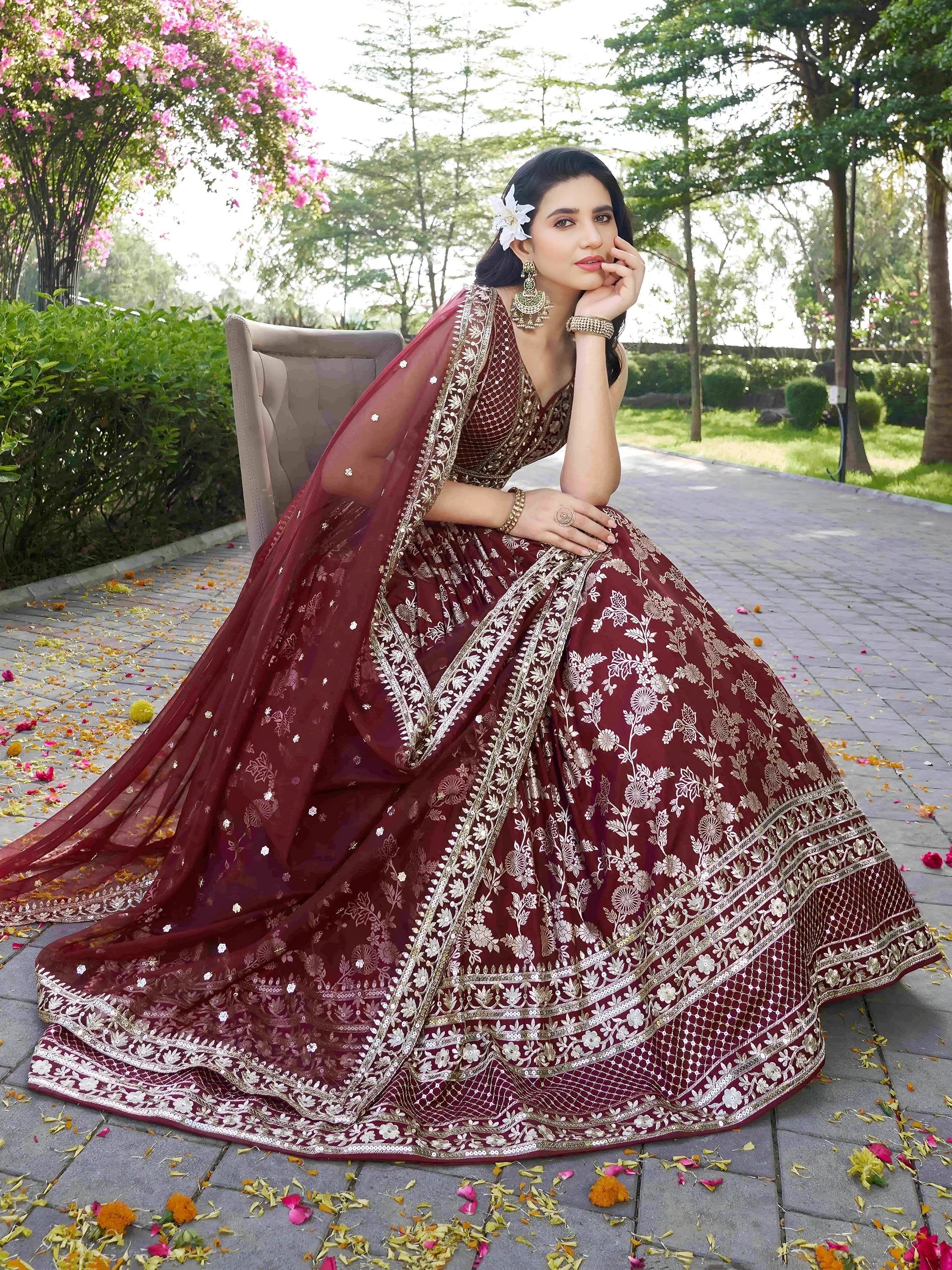Impressive Maroon Thread Work Silk Lehenga Choli With Dupatta