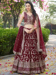 Impressive Maroon Thread Work Silk Lehenga Choli With Dupatta