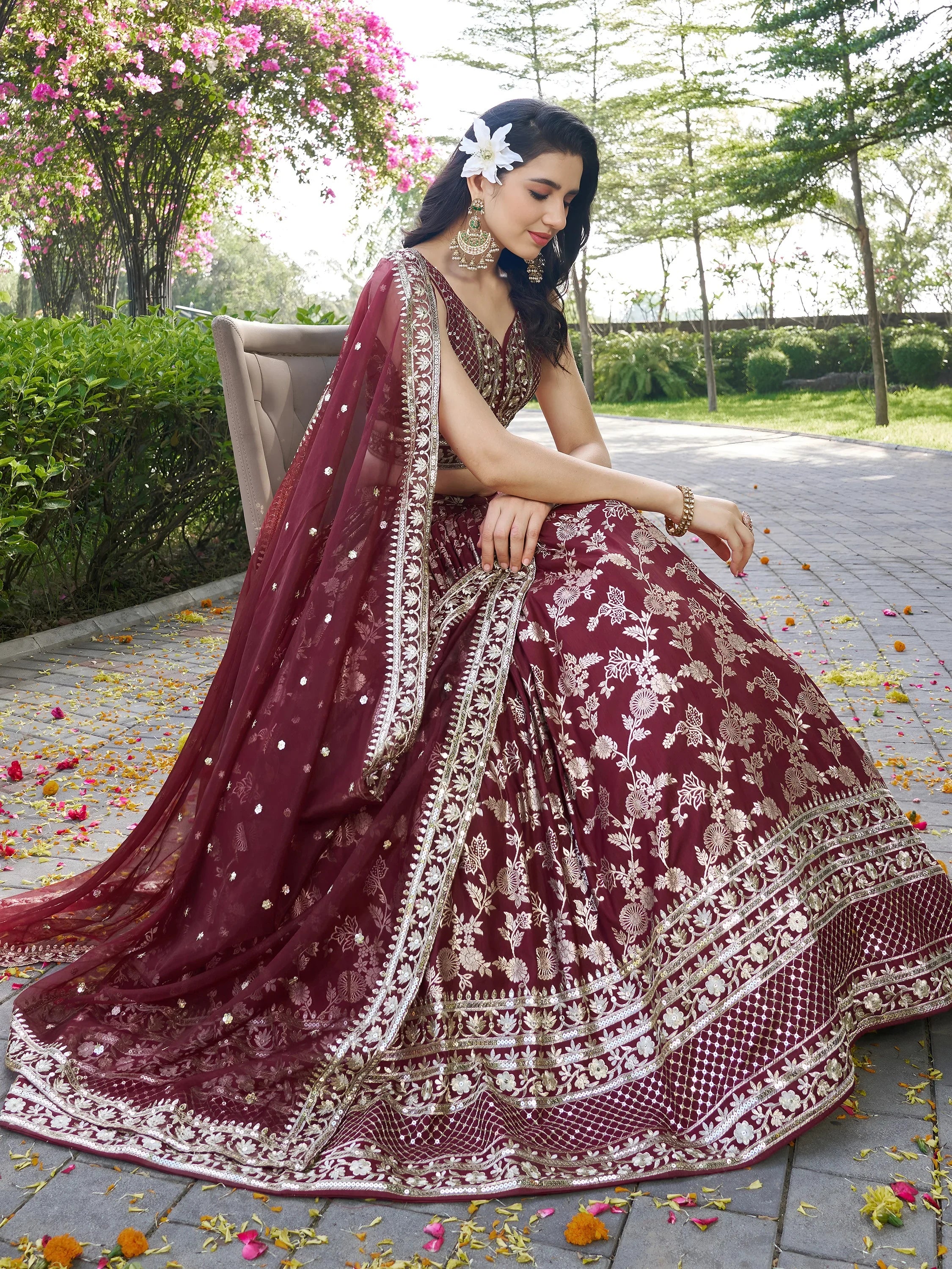 Impressive Maroon Thread Work Silk Lehenga Choli With Dupatta