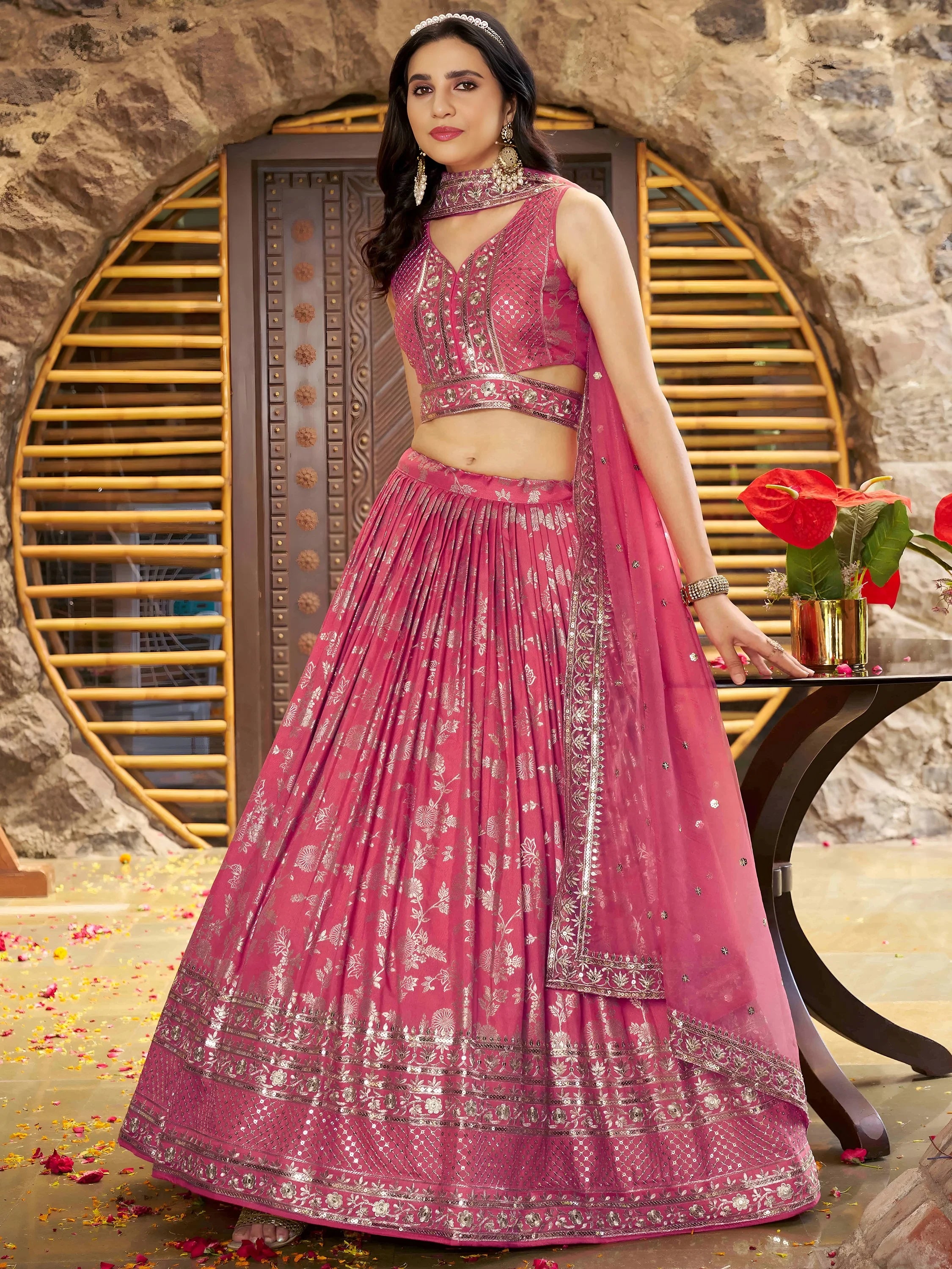 Striking Peach Silk Reception Wear Lehenga Choli With Dupatta