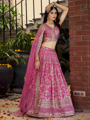 Bold Pink Silk Engagement Wear Lehenga Choli With Dupatta