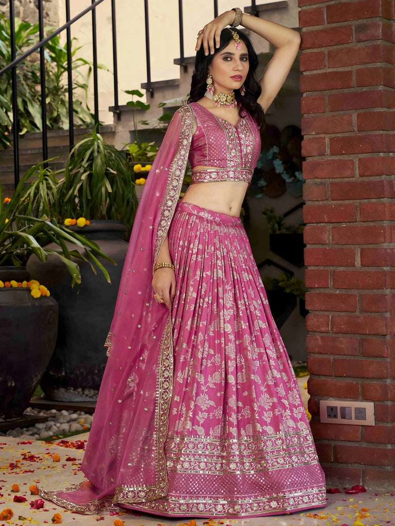 Bold Pink Silk Engagement Wear Lehenga Choli With Dupatta
