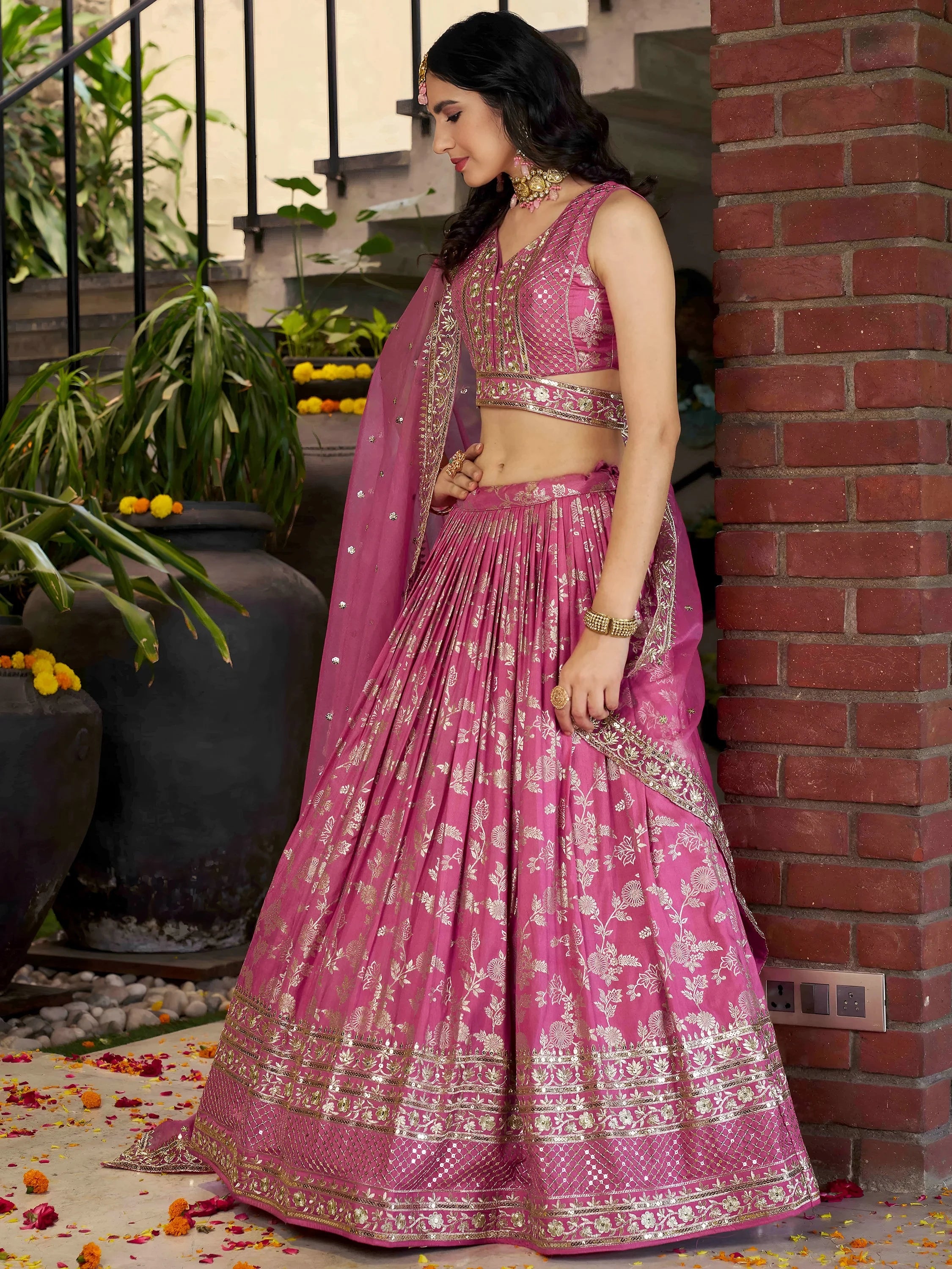 Bold Pink Silk Engagement Wear Lehenga Choli With Dupatta