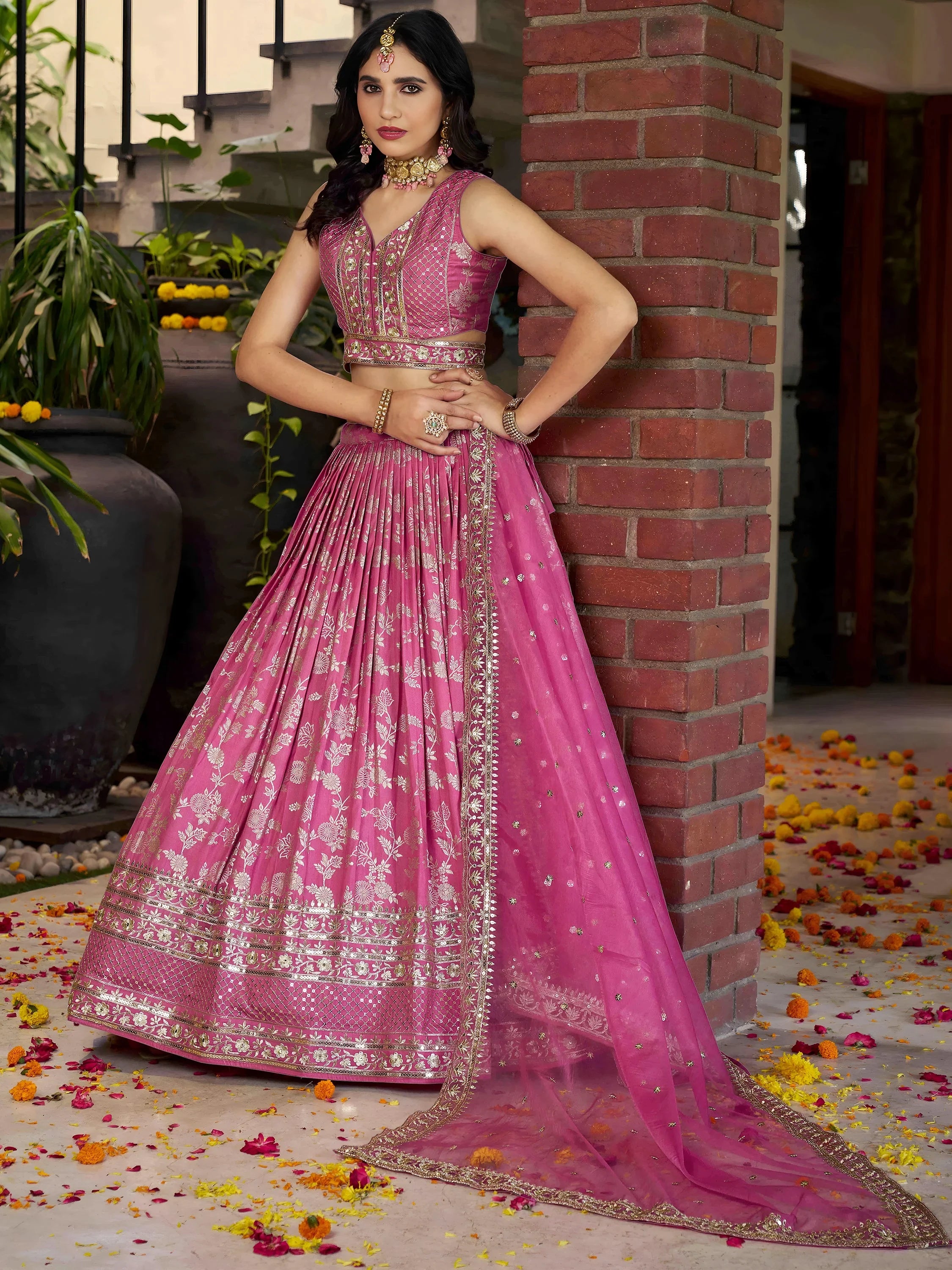 Bold Pink Silk Engagement Wear Lehenga Choli With Dupatta