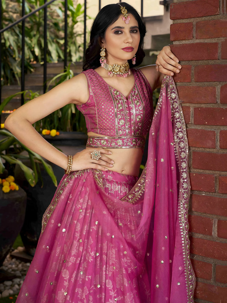 Bold Pink Silk Engagement Wear Lehenga Choli With Dupatta