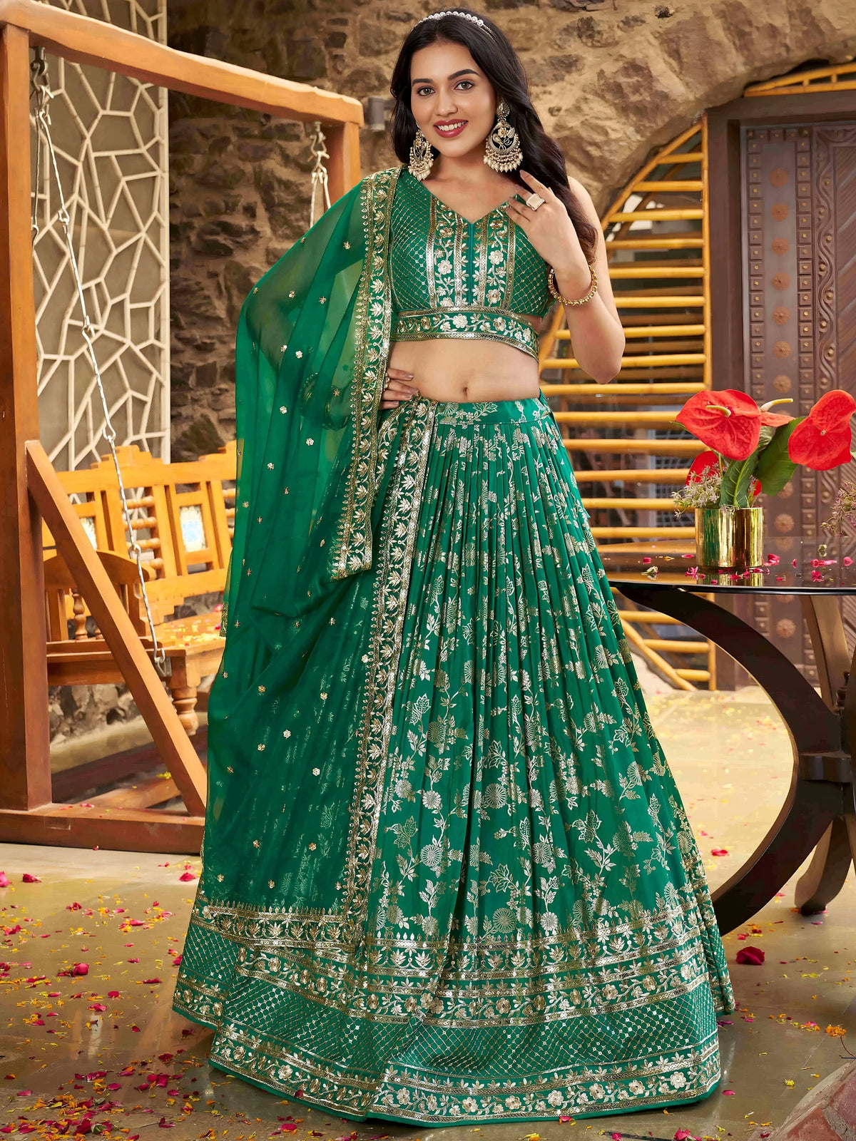 Rich Rama Green Zari Embroidered Traditional Lehenga Choli