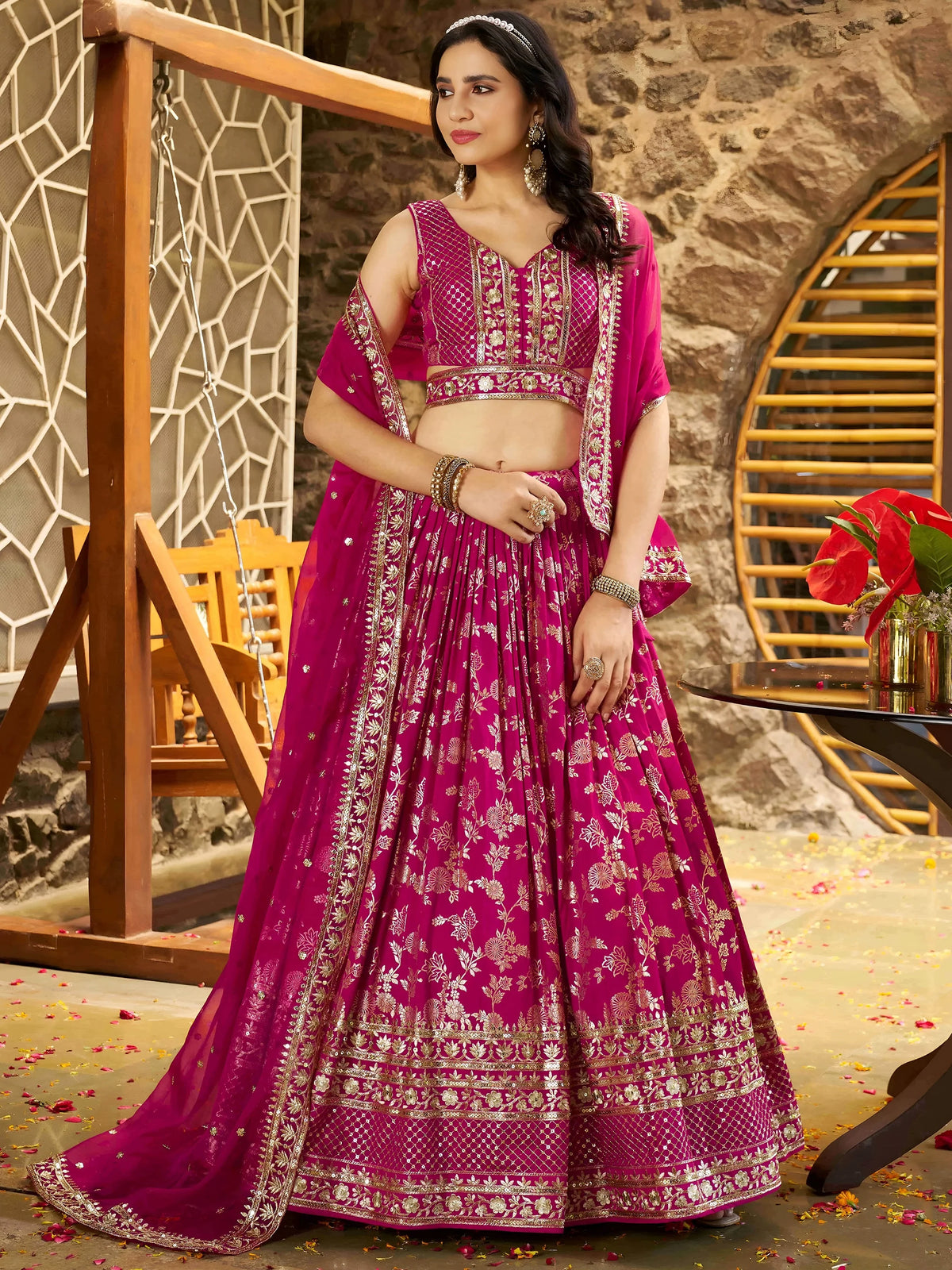 Captivating Rani Pink Thread Embroidery Wedding Wear Lehenga Choli