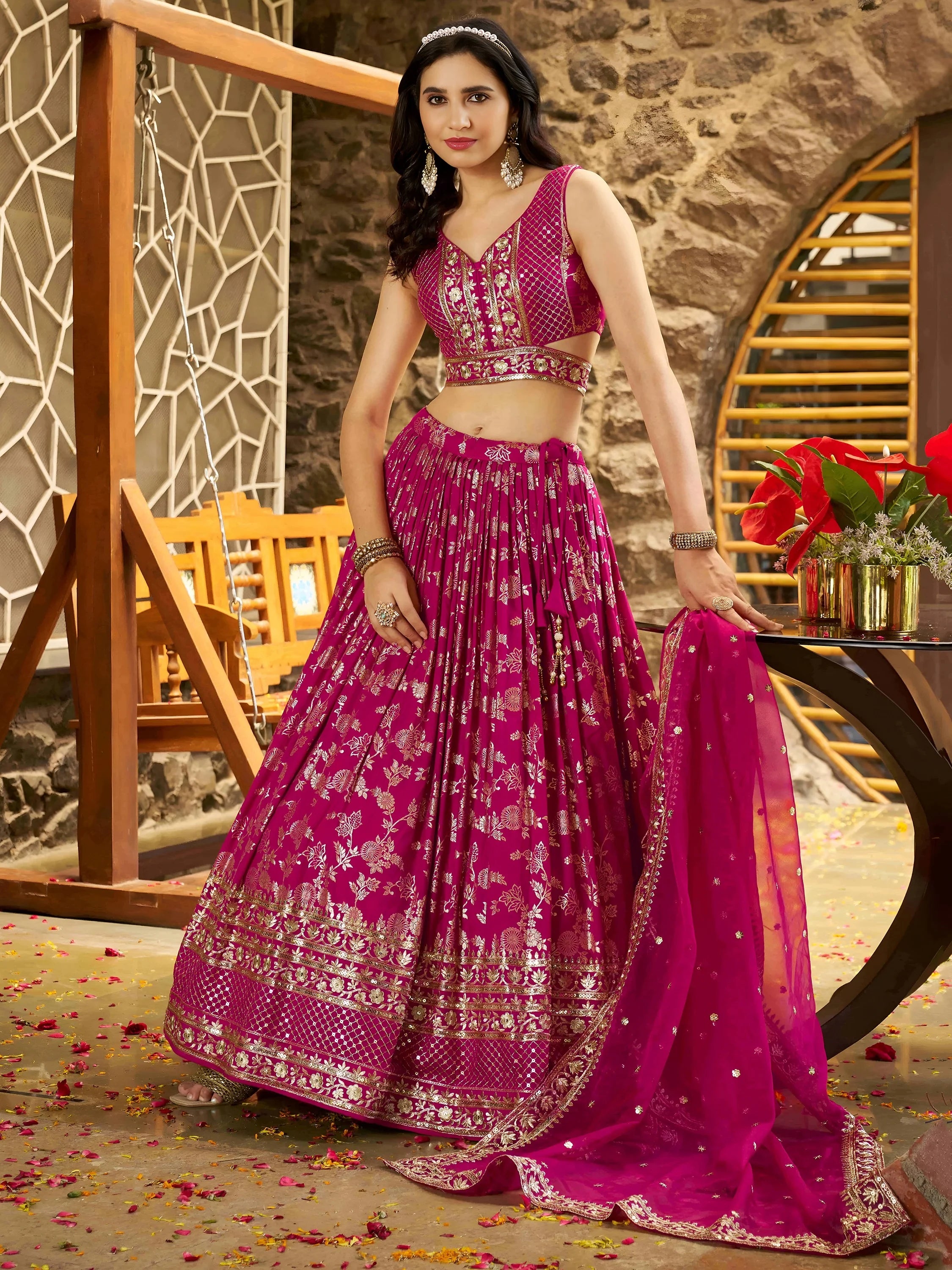 Captivating Rani Pink Thread Embroidery Wedding Wear Lehenga Choli