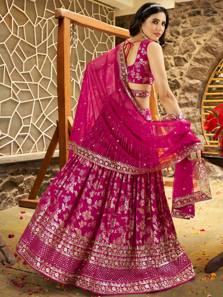 Captivating Rani Pink Thread Embroidery Wedding Wear Lehenga Choli