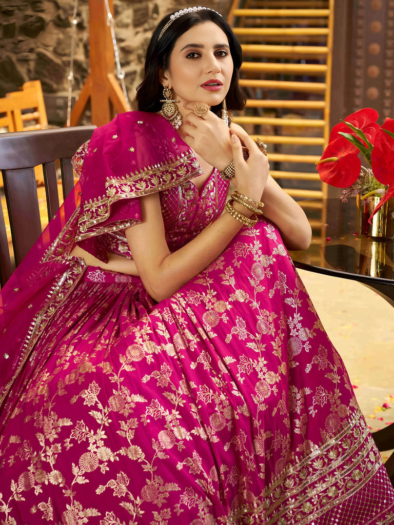Captivating Rani Pink Thread Embroidery Wedding Wear Lehenga Choli