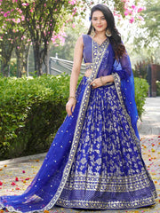 Luxurious Blue Embroidered Zari Silk Lehenga Choli With Dupatta