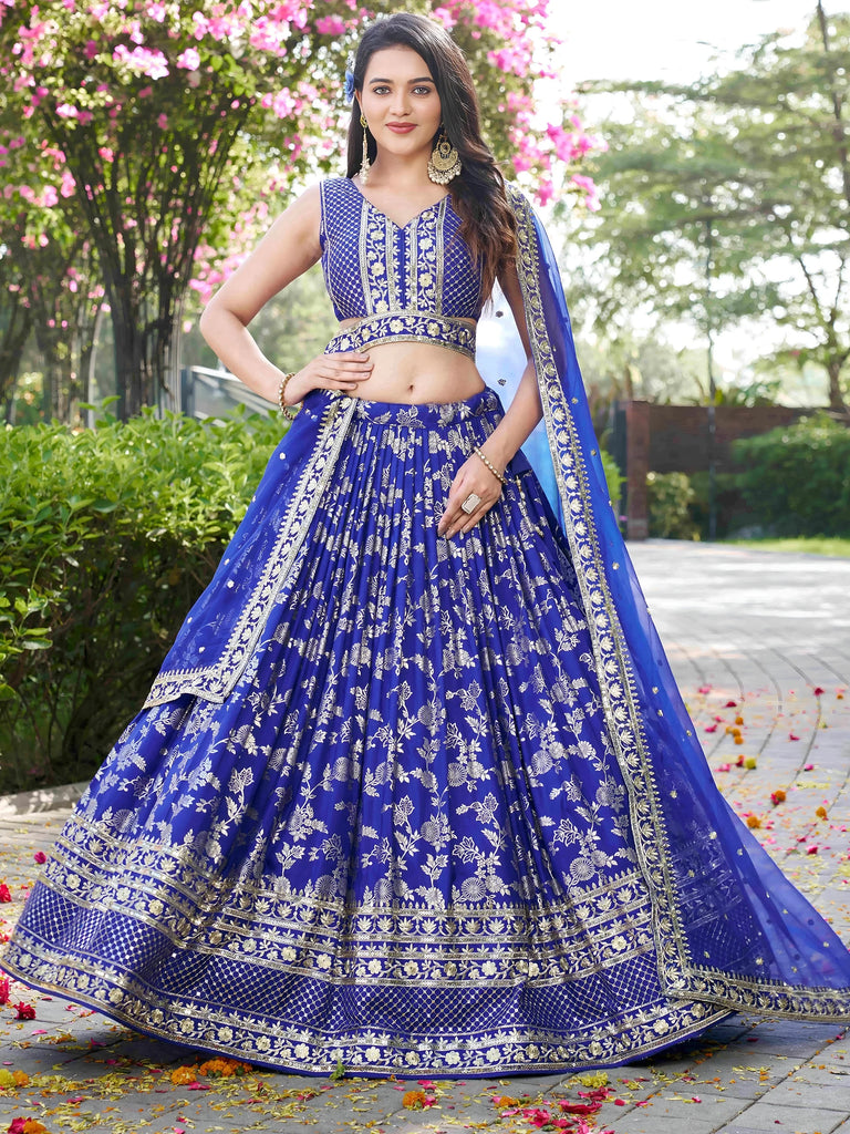 Luxurious Blue Embroidered Zari Silk Lehenga Choli With Dupatta