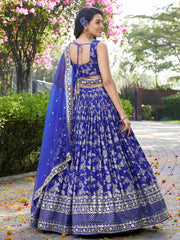 Luxurious Blue Embroidered Zari Silk Lehenga Choli With Dupatta