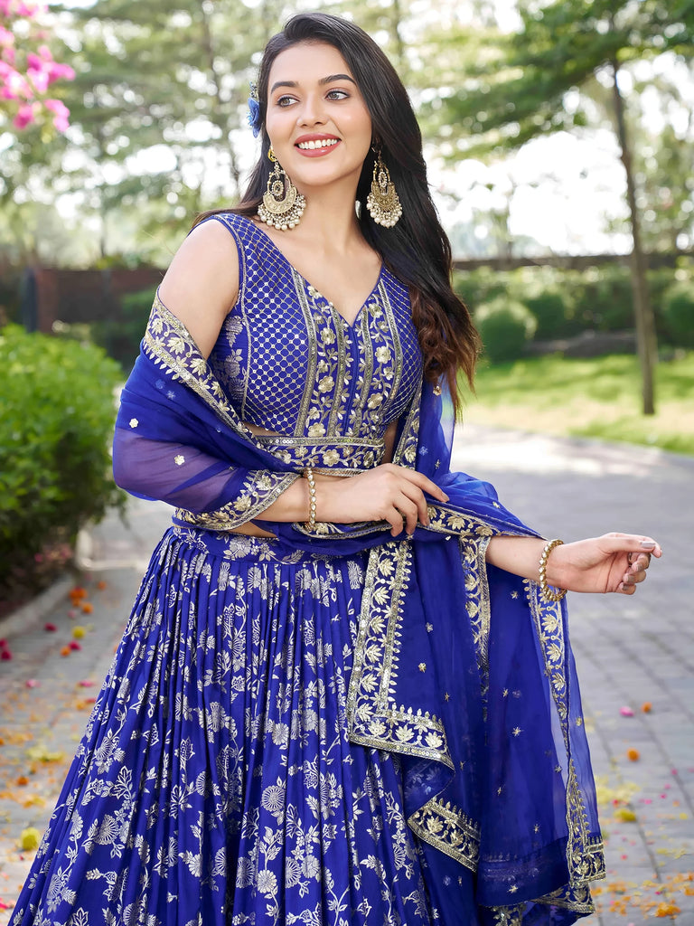 Luxurious Blue Embroidered Zari Silk Lehenga Choli With Dupatta