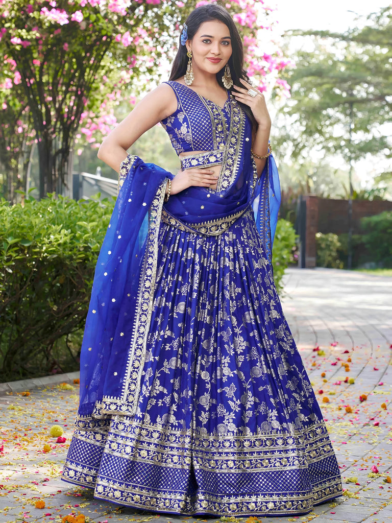 Luxurious Blue Embroidered Zari Silk Lehenga Choli With Dupatta