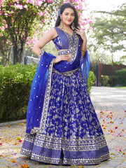 Luxurious Blue Embroidered Zari Silk Lehenga Choli With Dupatta
