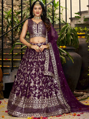 Attractive Wine Silk Embroidered Bridesmaids Lehenga Choli