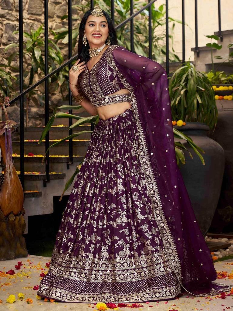 Attractive Wine Silk Embroidered Bridesmaids Lehenga Choli