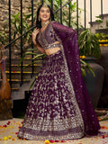 Attractive Wine Silk Embroidered Bridesmaids Lehenga Choli