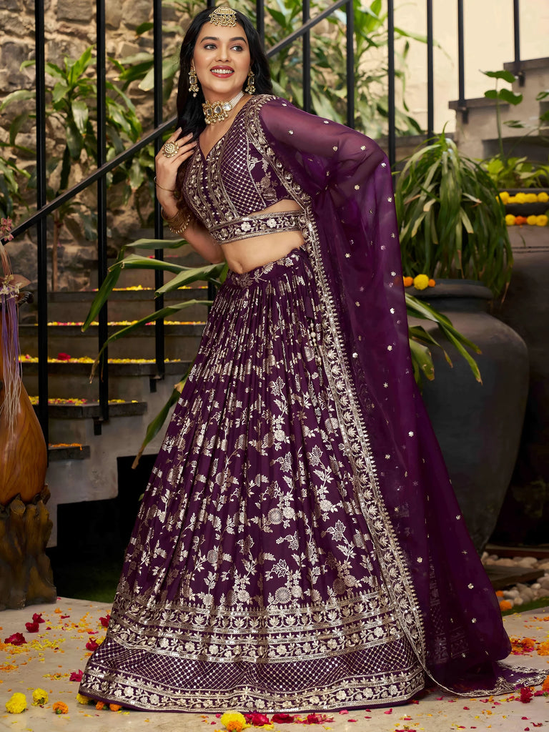 Attractive Wine Silk Embroidered Bridesmaids Lehenga Choli
