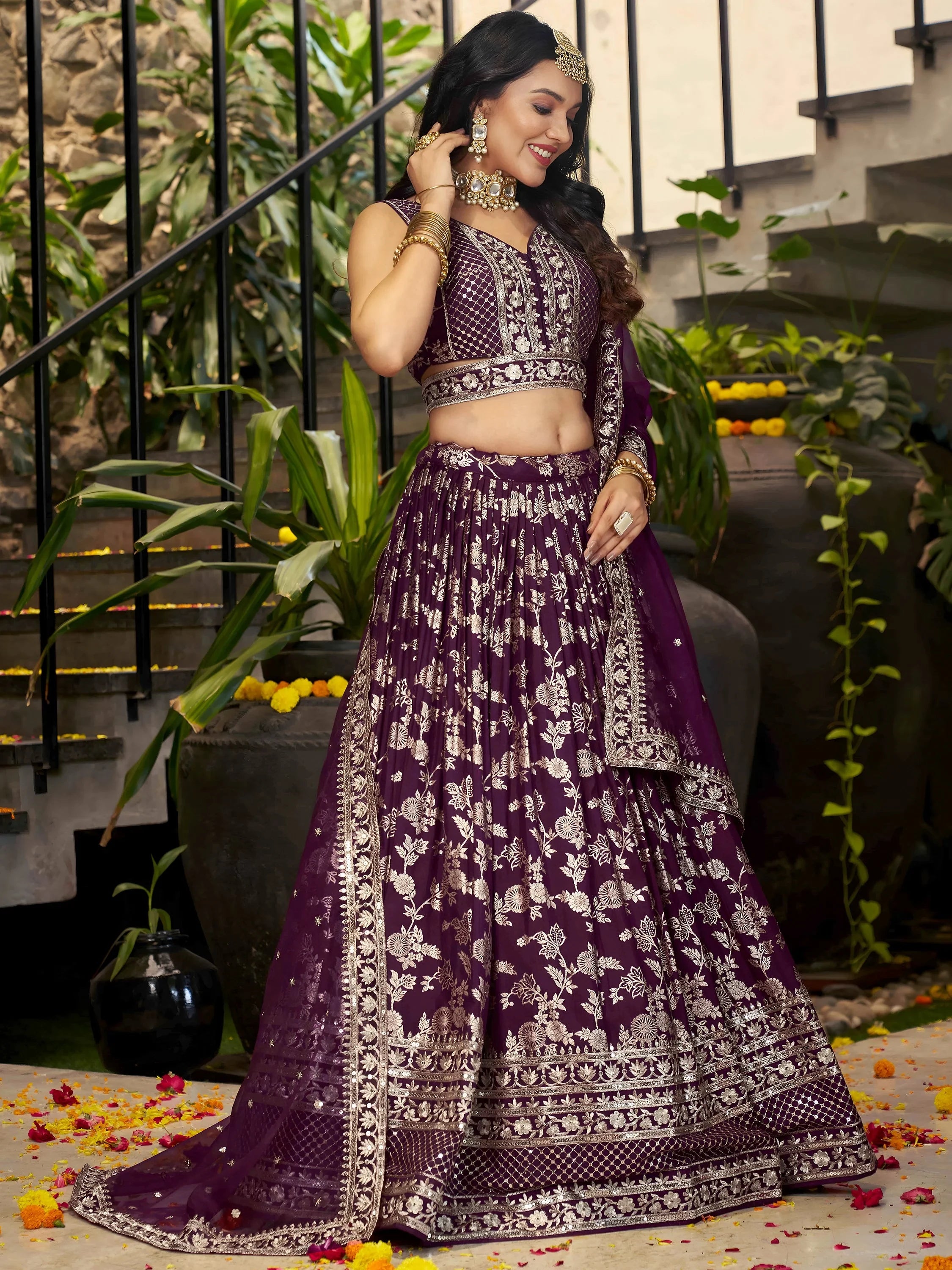 Attractive Wine Silk Embroidered Bridesmaids Lehenga Choli