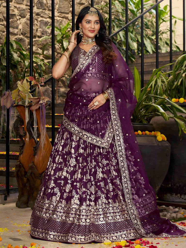 Attractive Wine Silk Embroidered Bridesmaids Lehenga Choli