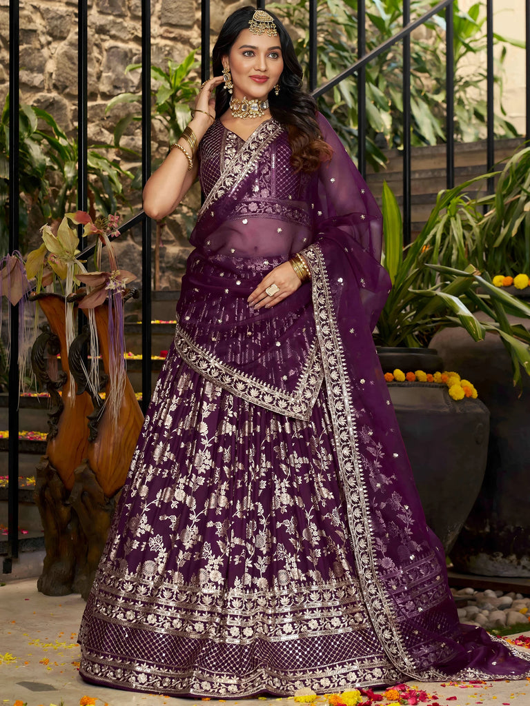 Attractive Wine Silk Embroidered Bridesmaids Lehenga Choli