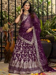 Attractive Wine Silk Embroidered Bridesmaids Lehenga Choli
