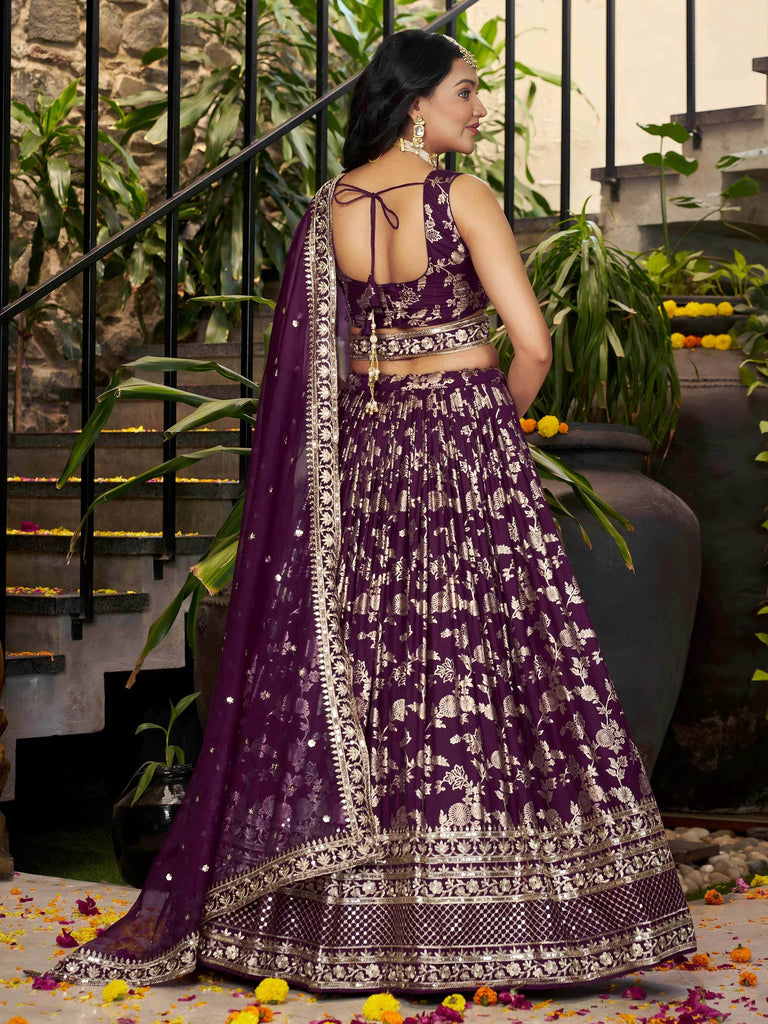 Attractive Wine Silk Embroidered Bridesmaids Lehenga Choli