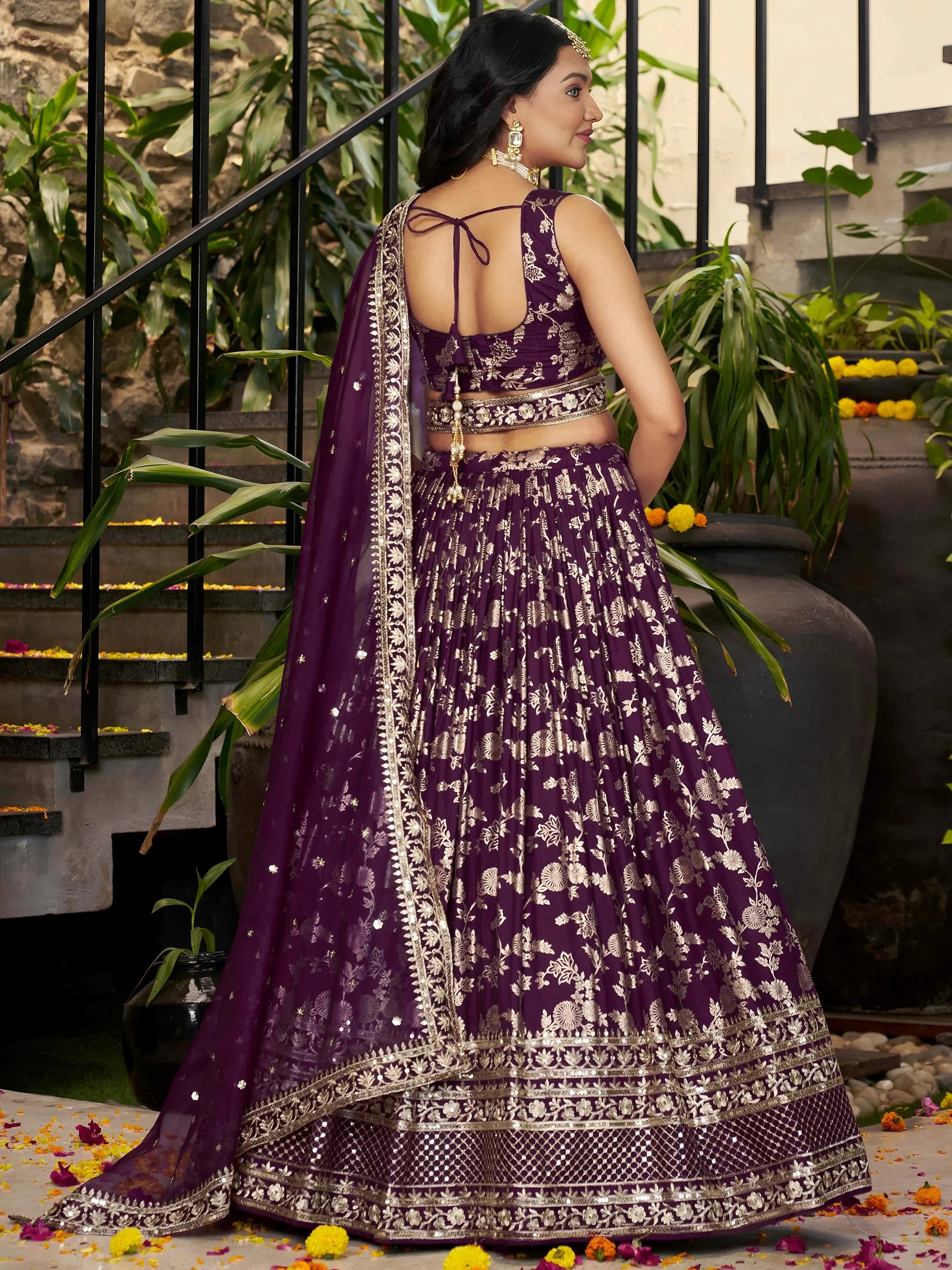 Attractive Wine Silk Embroidered Bridesmaids Lehenga Choli