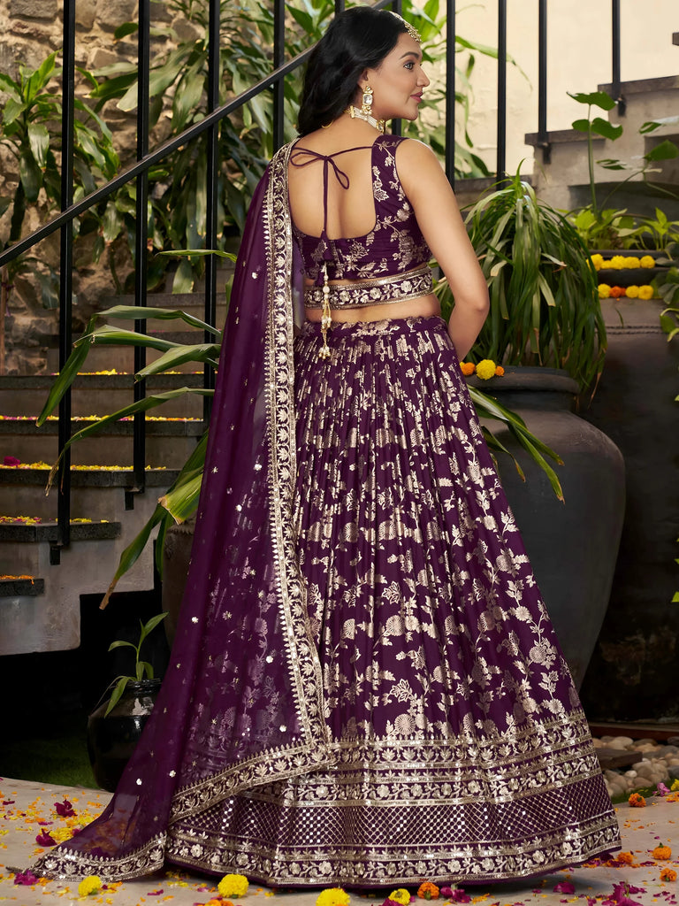 Attractive Wine Silk Embroidered Bridesmaids Lehenga Choli